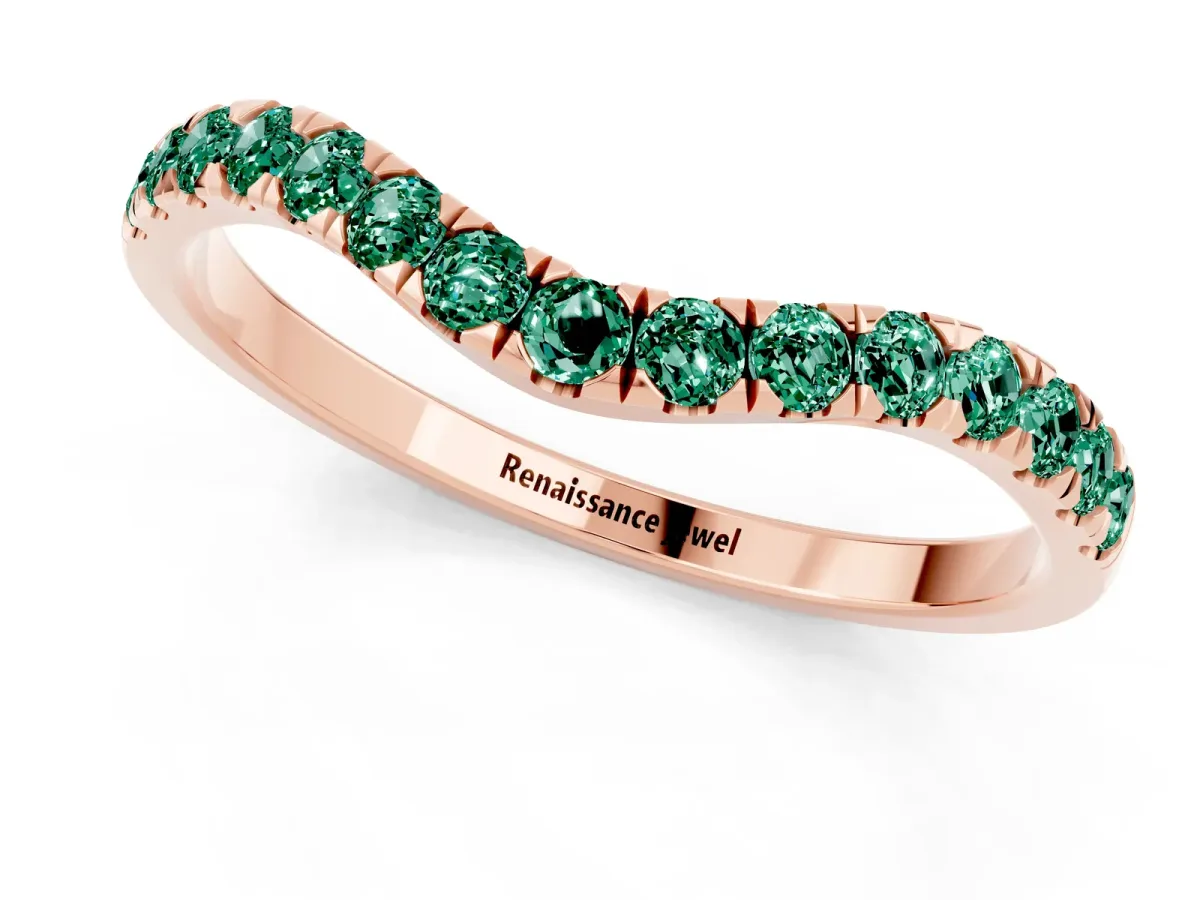 Curved Pavé Round Green Sapphire Wedding Band with Shared Prong Setting Rose gold