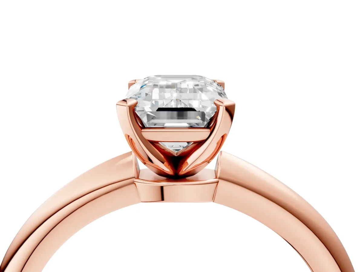 Emerald Cut Diamond Solitaire Ring with Six-Prong Setting and Classic Band Rose gold