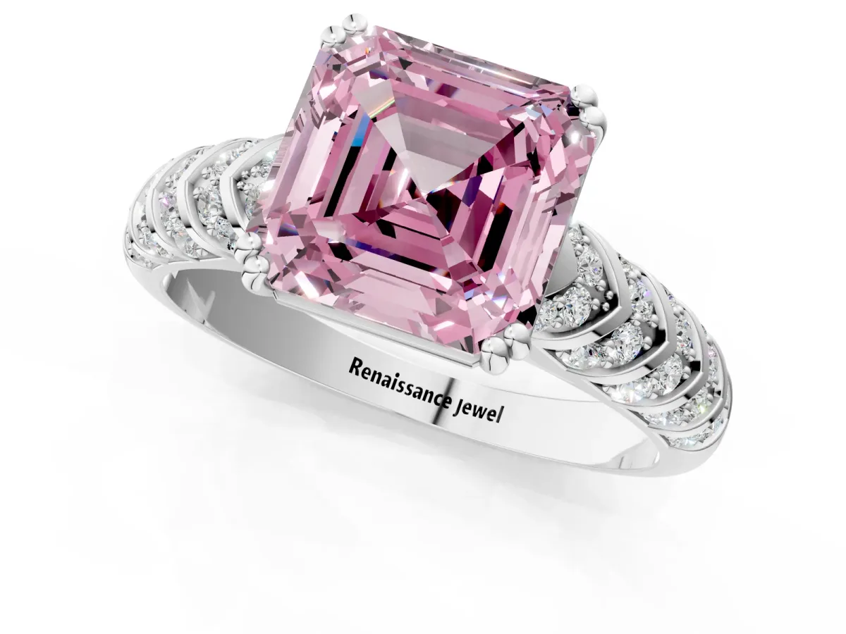 Fancy Pink Asscher Cut Solitaire Chevron Pave Diamond Engagement Ring with Six-Prong Setting Platinum