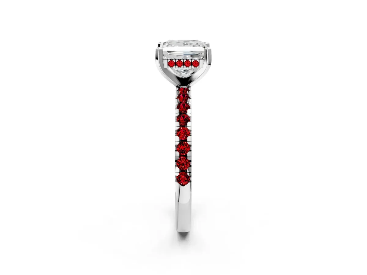 Princess Cut Diamond Solitaire Ring with Round Ruby Pavé Band and Four-Prong Setting White gold