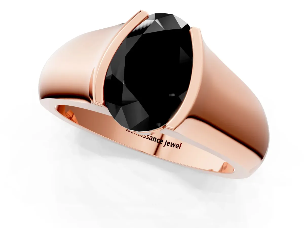 Fancy Black Oval Cut Solitaire Bezel Set Diamond Ring with Wide Band Rose gold