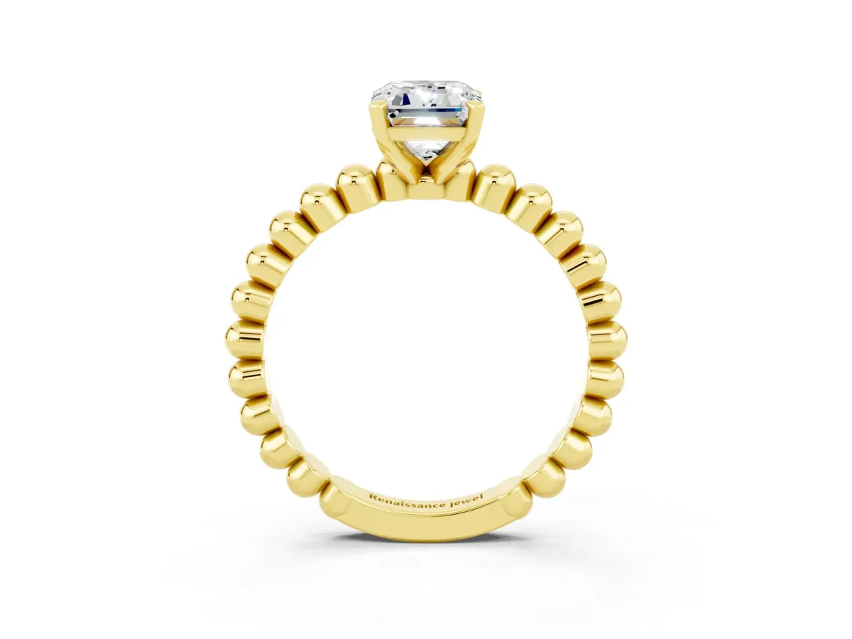 Emerald Cut Moissanite Solitaire Ring with Beaded Band and Prong Setting Yellow gold