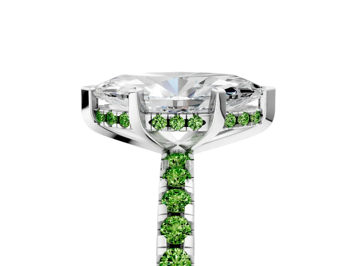 Marquise Cut Diamond Solitaire Ring with Round Peridot Pavé Band and Four-Prong Setting Silver