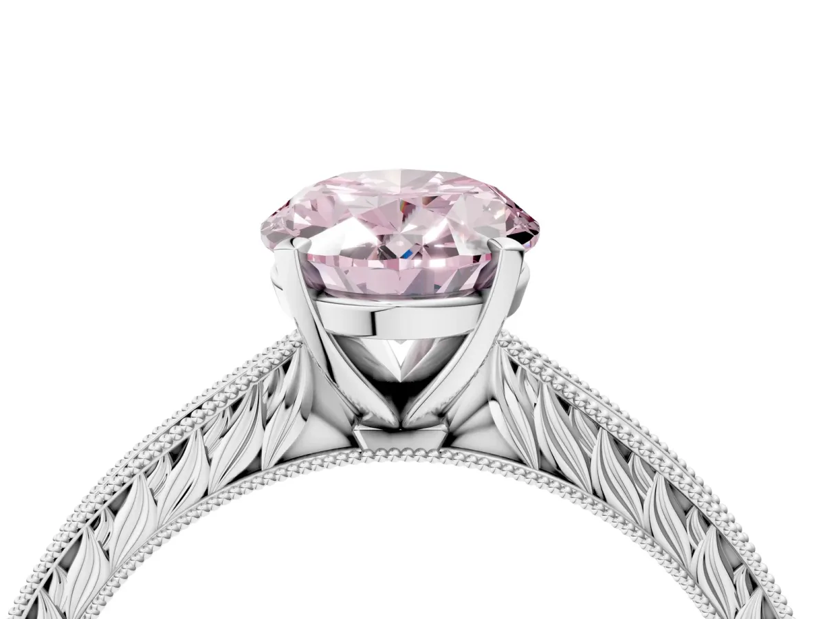 Fancy Pink Oval Cut Solitaire Milgrain Engraved Band with Four-Prong Setting White gold