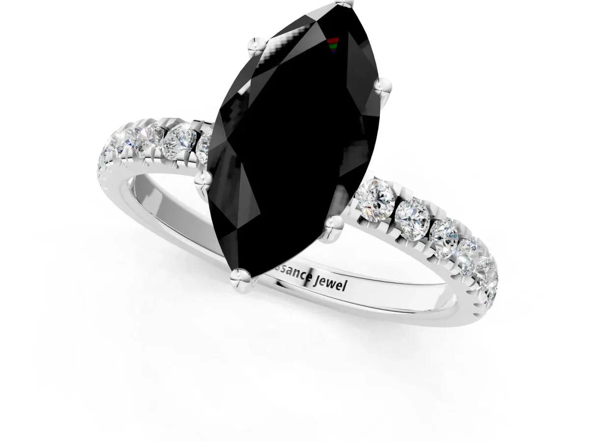 Fancy Black Marquise Cut Diamond Pave Band Solitaire Ring with Round and Prong Setting Silver