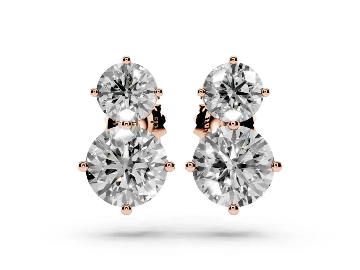 Round Cut Diamond Two Stone Stud Earrings Rose gold