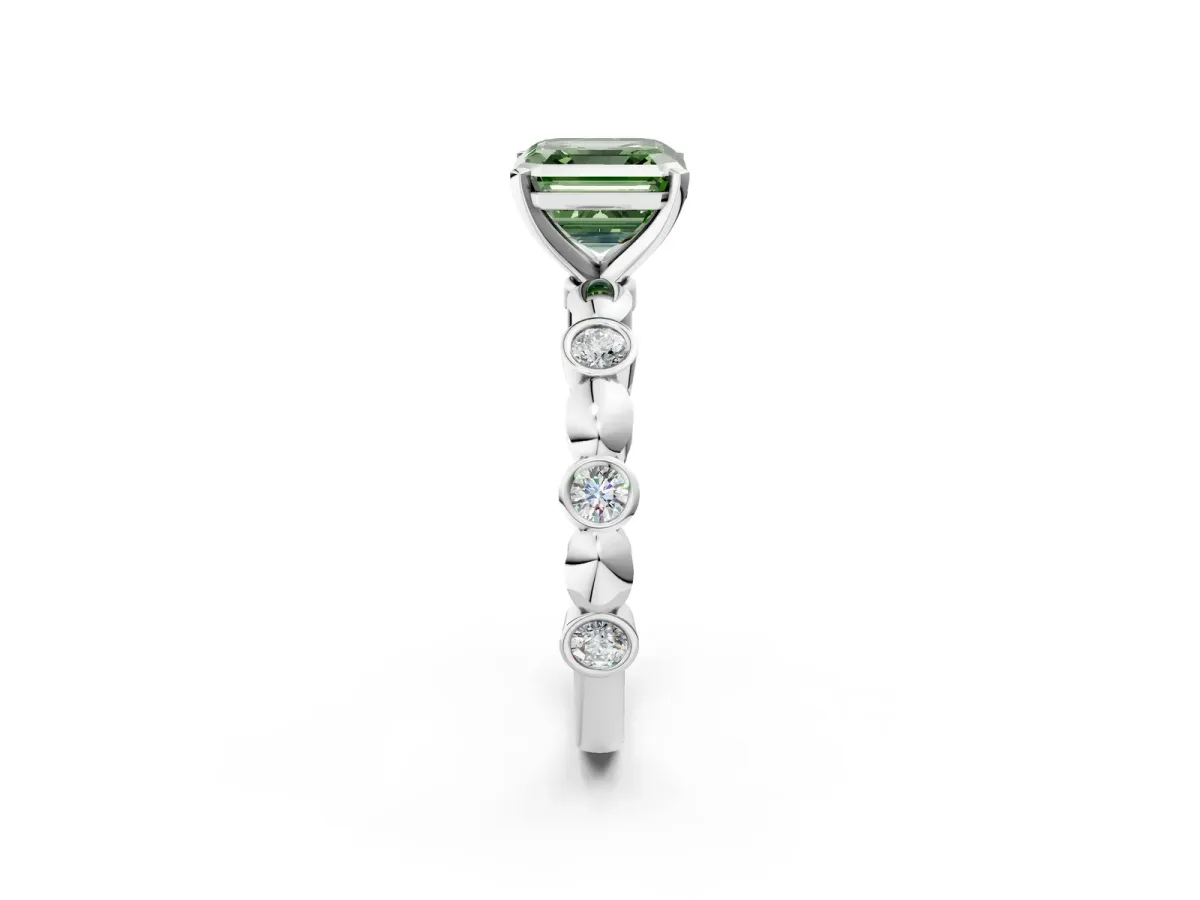 Fancy Green Asscher Cut Solitaire Bezel-Set Diamond Ring with Beaded Band and Four-Prong Setting Platinum