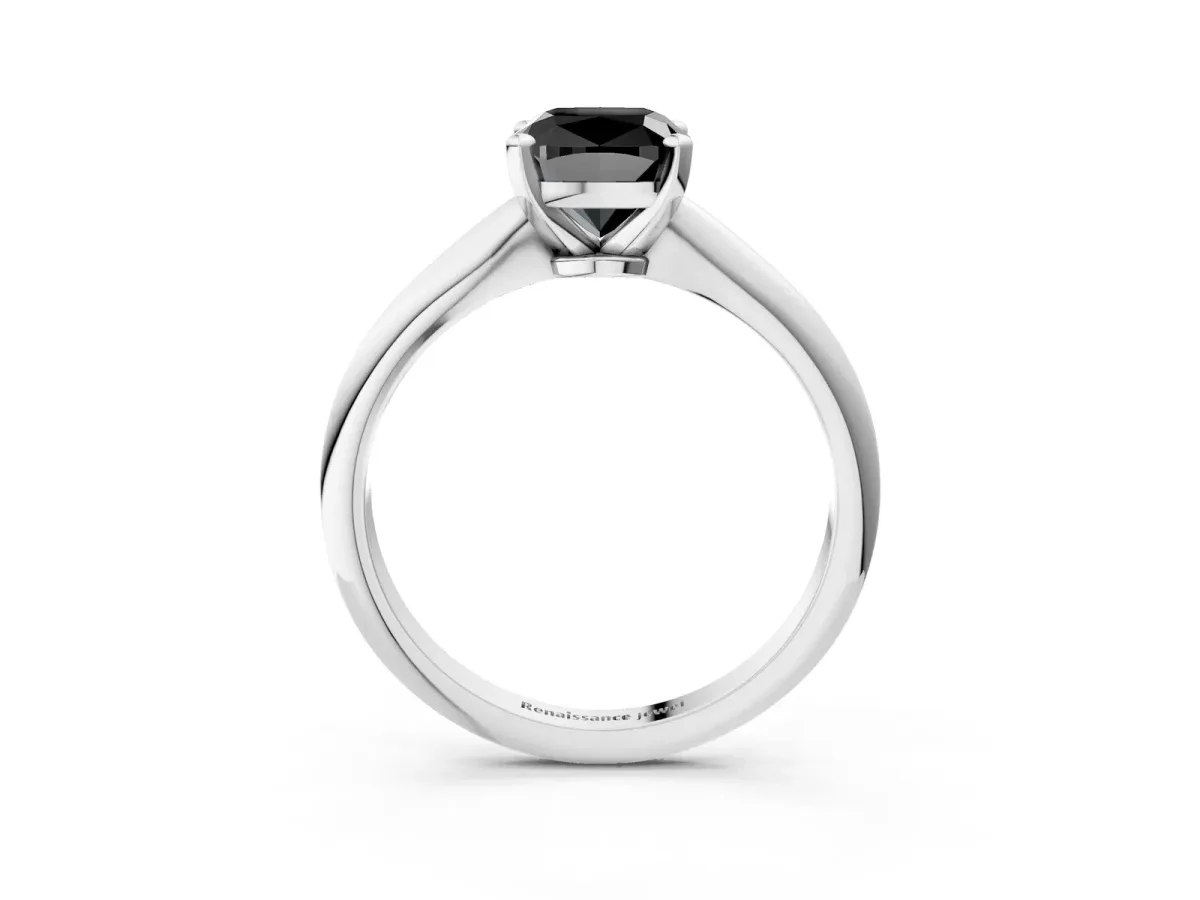Fancy Black Cushion Cut Diamond Solitaire Engagement Ring with Classic Band and Four-Prong Setting Silver