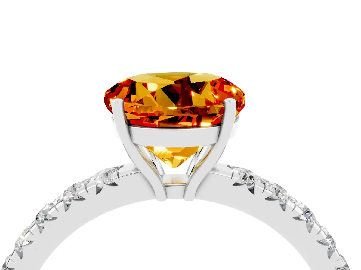 Round Cut Citrine Pavé Solitaire Engagement Ring with Four-Prong Setting Silver