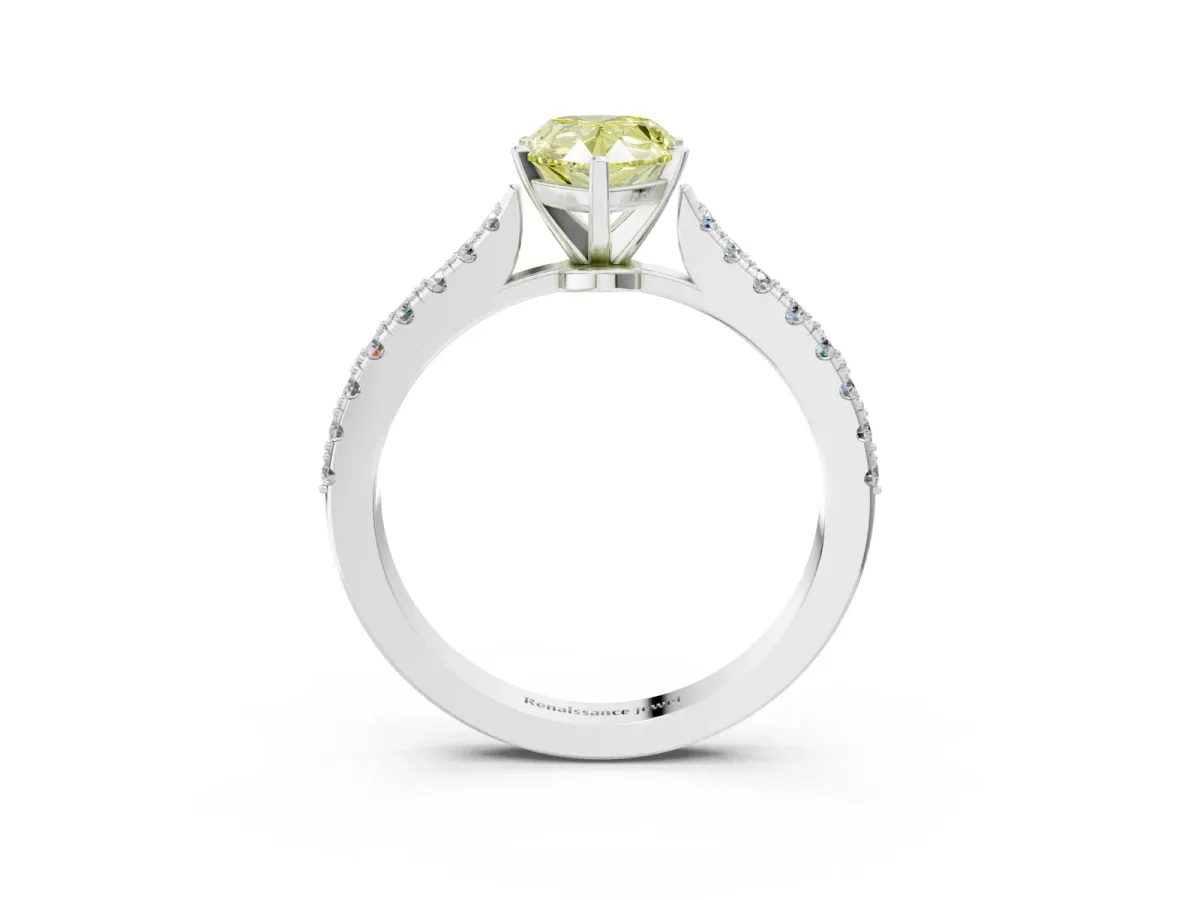 Fancy Yellow Pear Cut Cut Solitaire Diamond Engagement Ring with Pave Band and Four-Prong Setting Silver