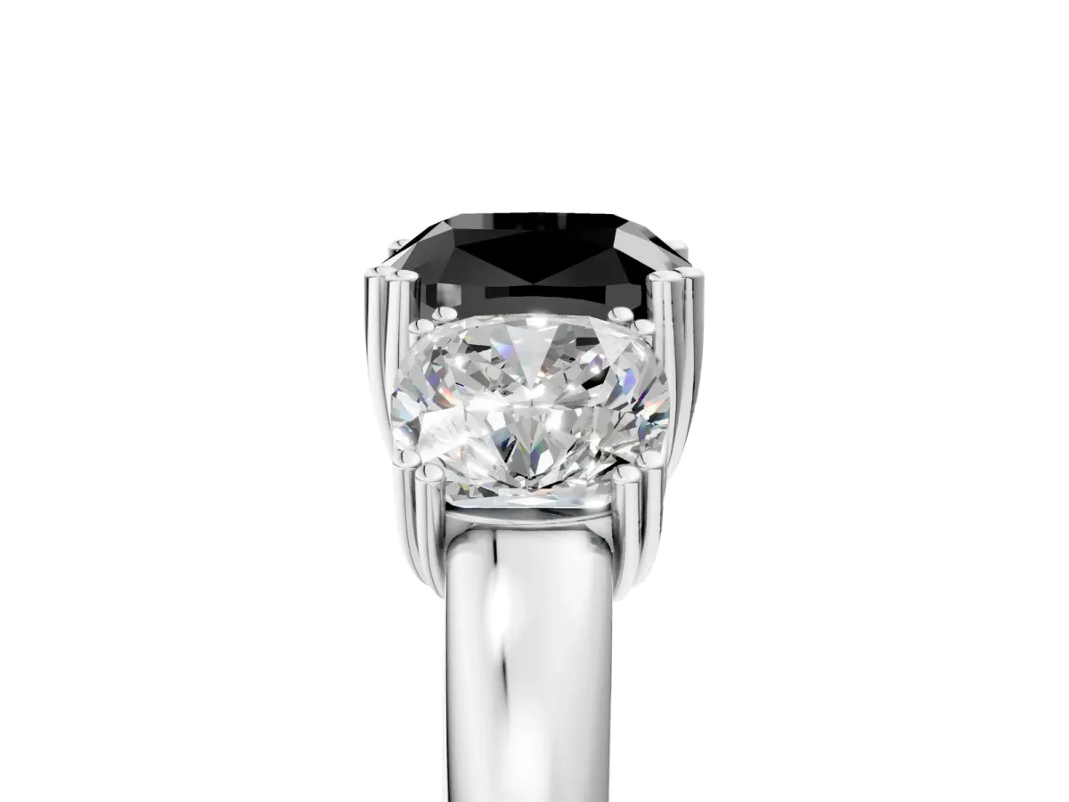 Fancy Black Three-Stone Cushion Cut Cut Diamond Ring with Channel Set Band and Four-Prong Setting Silver
