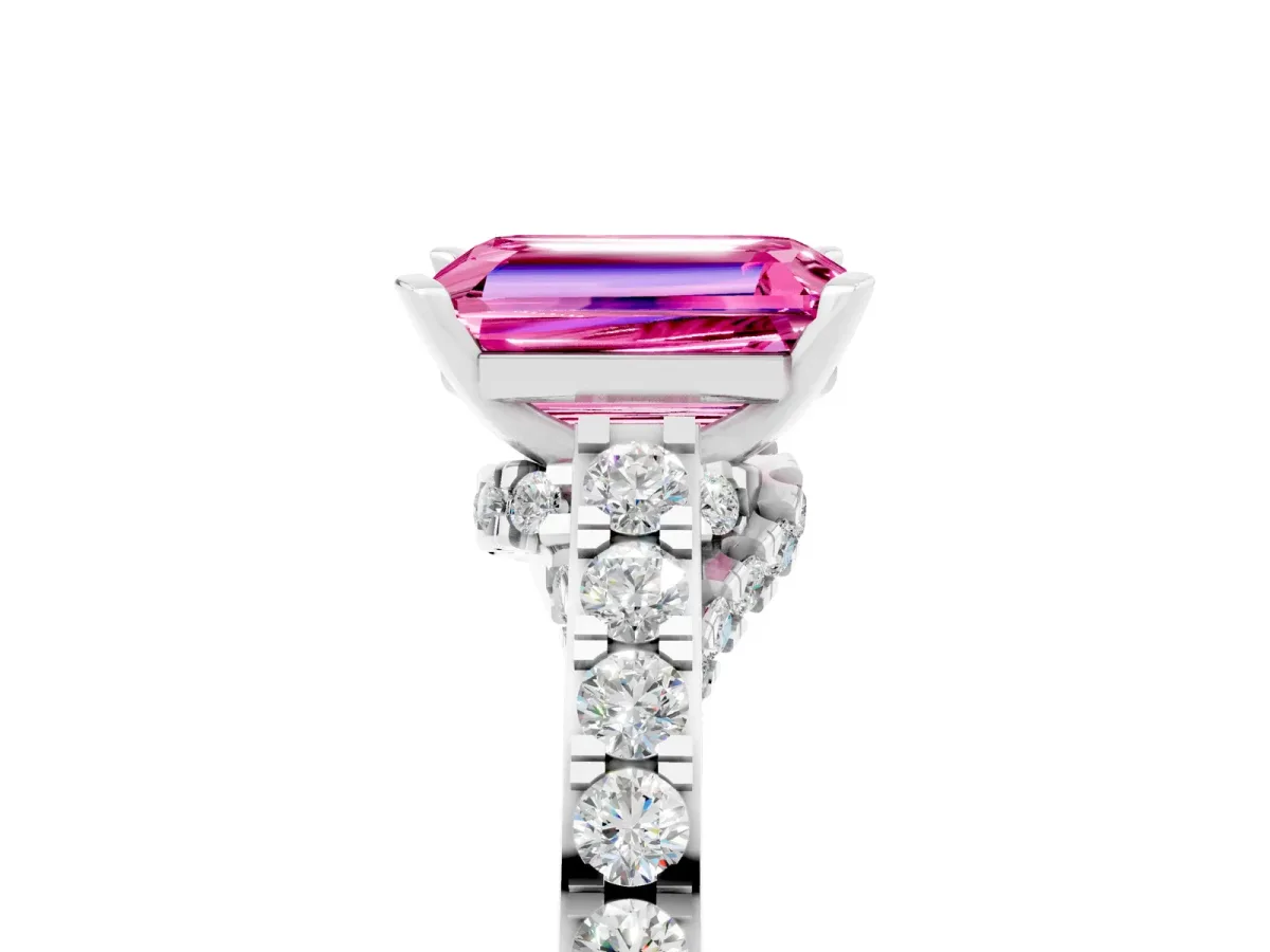 Emerald Cut Pink Sapphire Solitaire Ring with Crossover Gallery and Round Pavé Band Silver