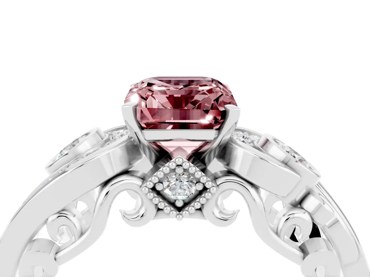 Emerald Cut Morganite Solitaire Ring with Milgrain Pavé Band and Four-Prong Setting Silver