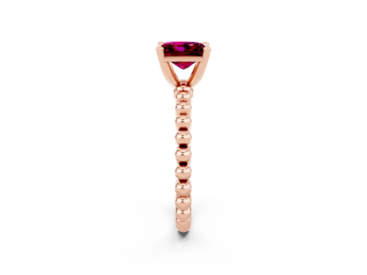 Princess Cut Garnet Solitaire Ring with Beaded Band and Prong Setting Rose gold