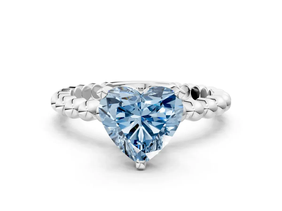 Fancy Blue Heart Cut Diamond Solitaire Ring with Beaded Band and Prong Setting Platinum
