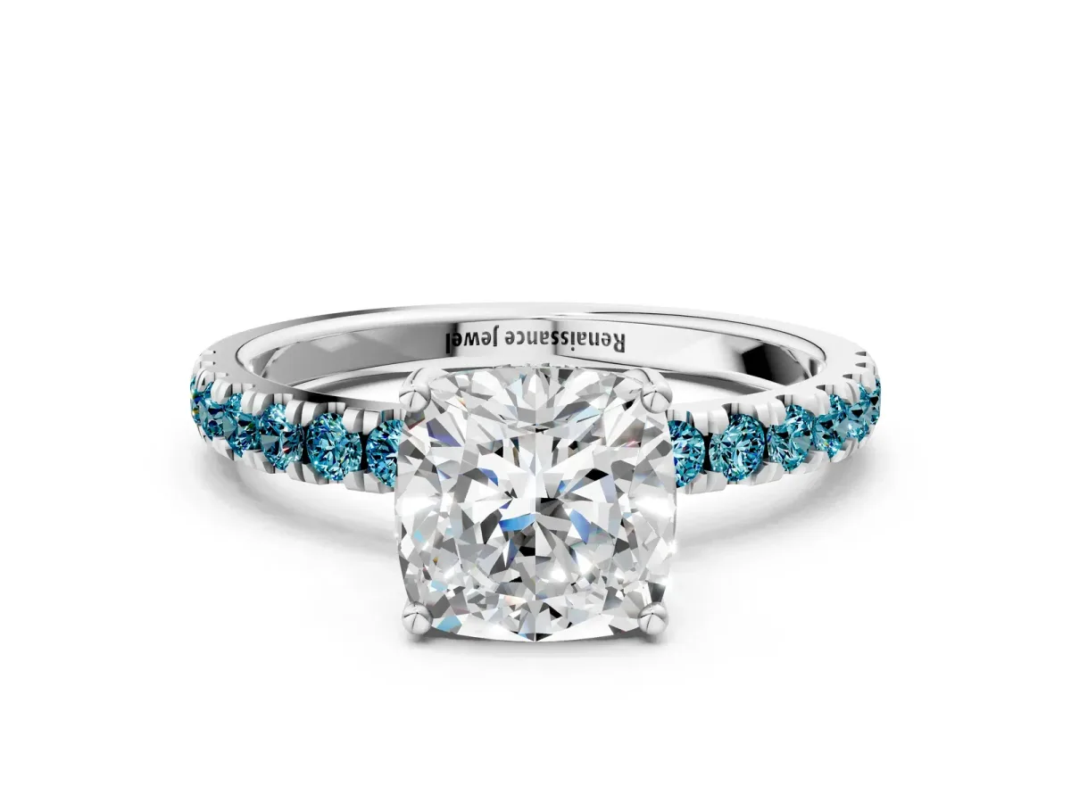 Cushion Cut Diamond Pave Band Solitaire Ring with Round Blue Topaz and Prong Setting Silver