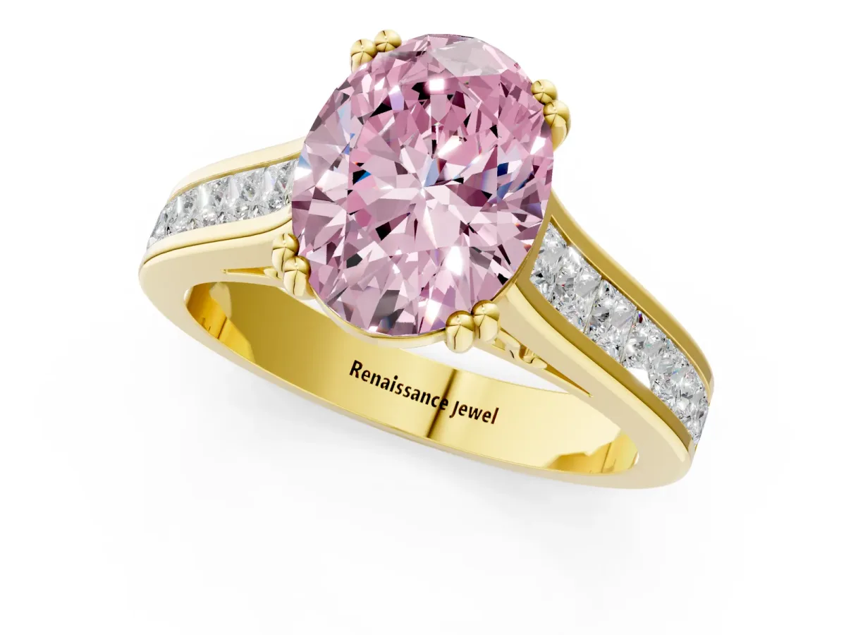 Fancy Pink Oval Cut Cut Channel Set Solitaire Engagement Ring with Prong Setting Yellow gold