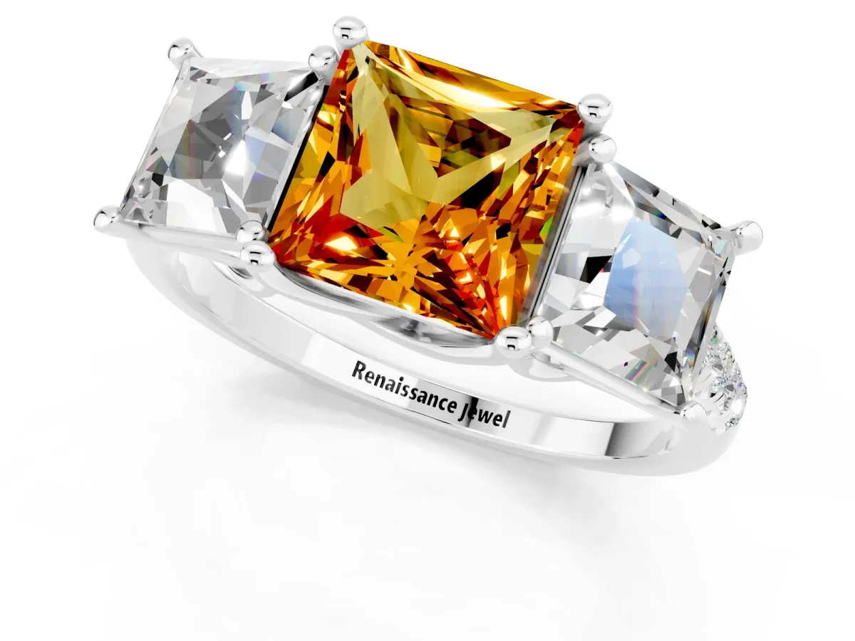 Three-Stone Princess Cut Citrine Ring with Round Pavé Band and Prong Setting Platinum
