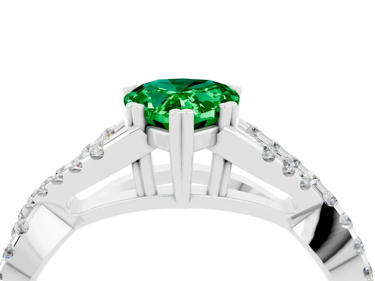 Pear Cut Emerald Solitaire Ring with Four-Prong Setting and Twisted Pavé Band Platinum