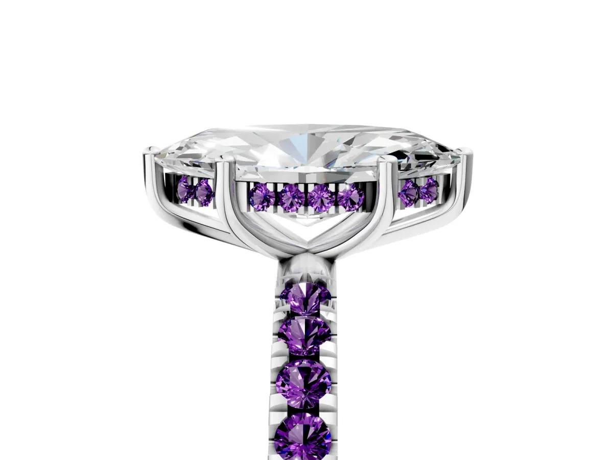 Marquise Cut Diamond Pave Band Solitaire Ring with Round Amethyst and Prong Setting Silver