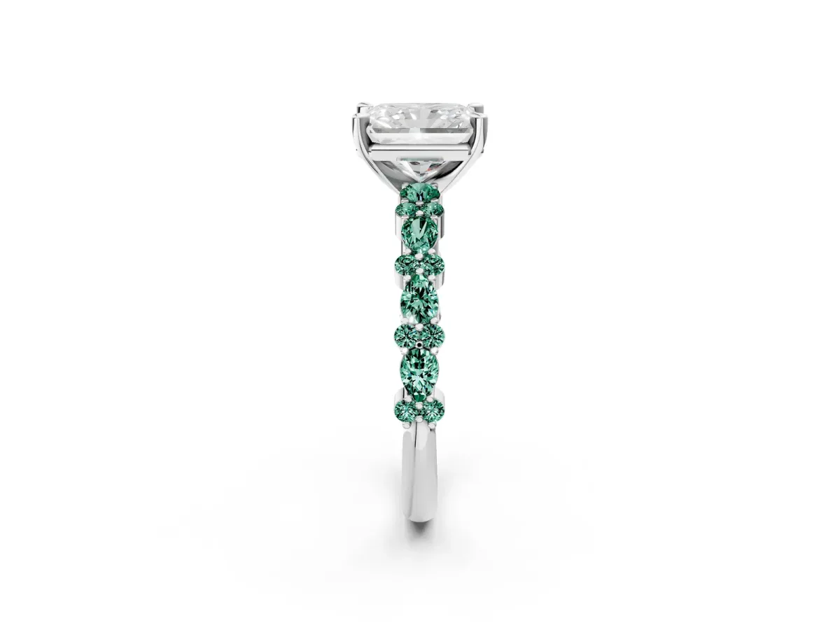 Radiant Cut Diamond Side Stone Solitaire Ring with Round Green Sapphire and Four-Prong Setting Silver
