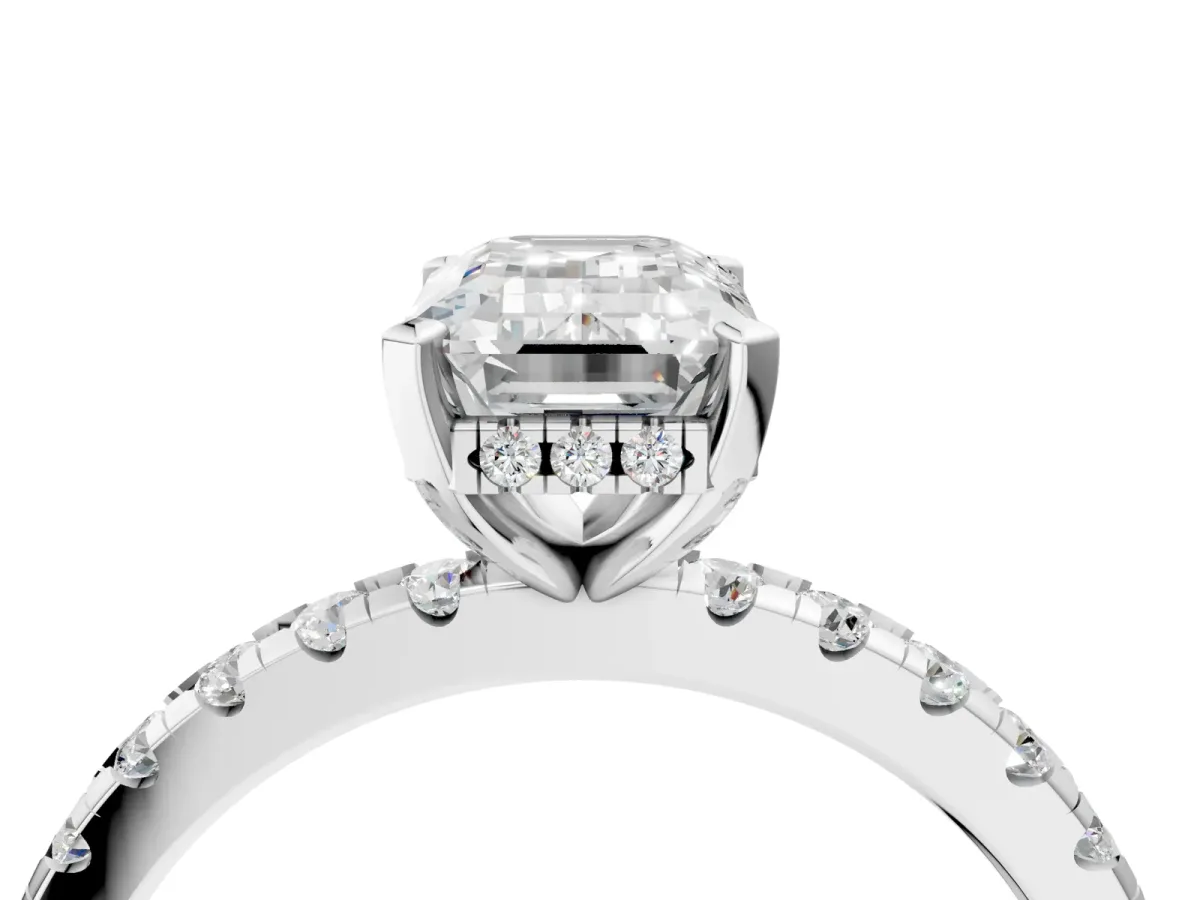 Emerald Cut Diamond Solitaire Ring with Round Moissanite Pavé Band and Four-Prong Setting Silver