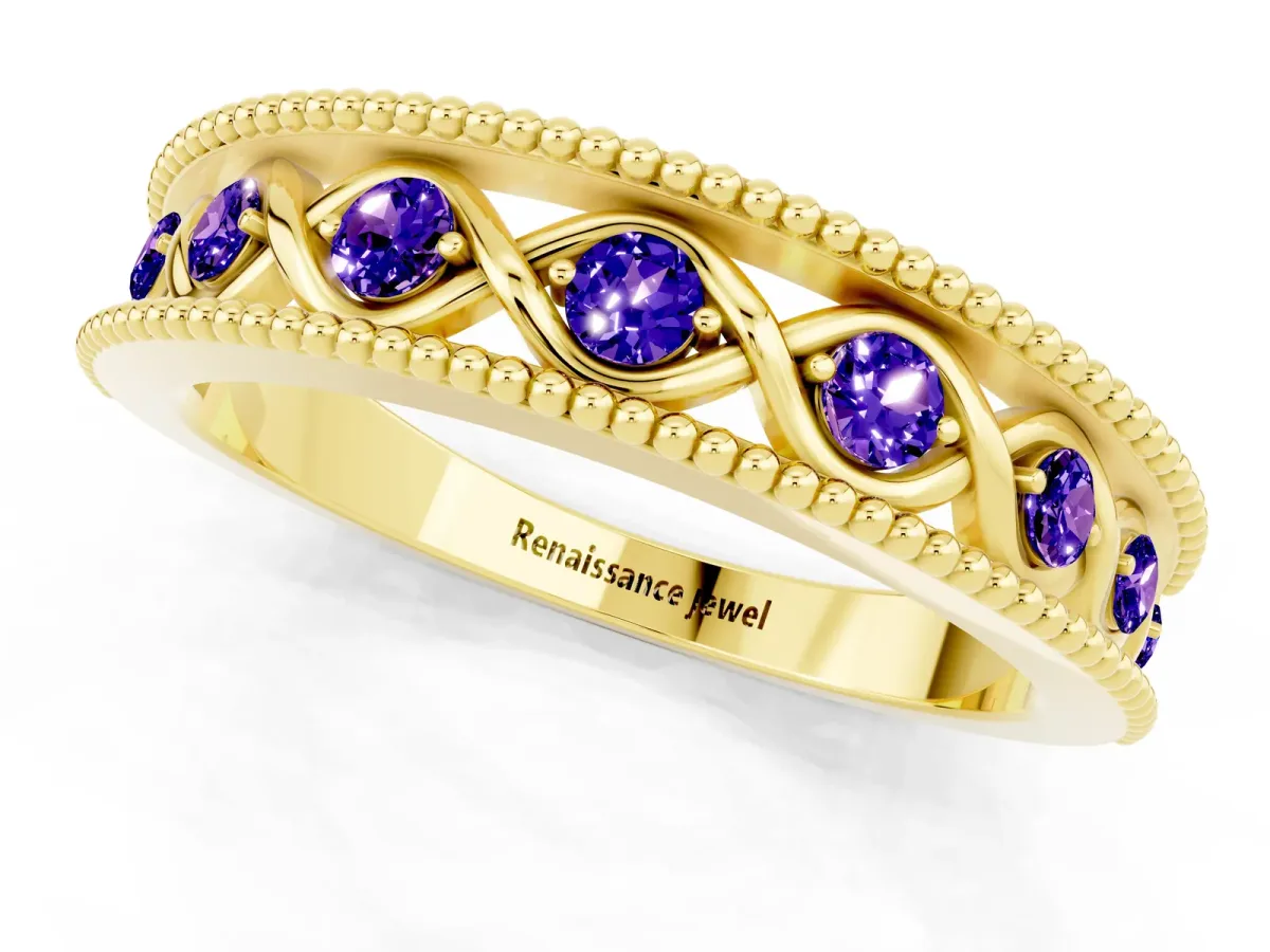 Round Tanzanite Twist Milgrain Band with Bezel Setting Yellow gold
