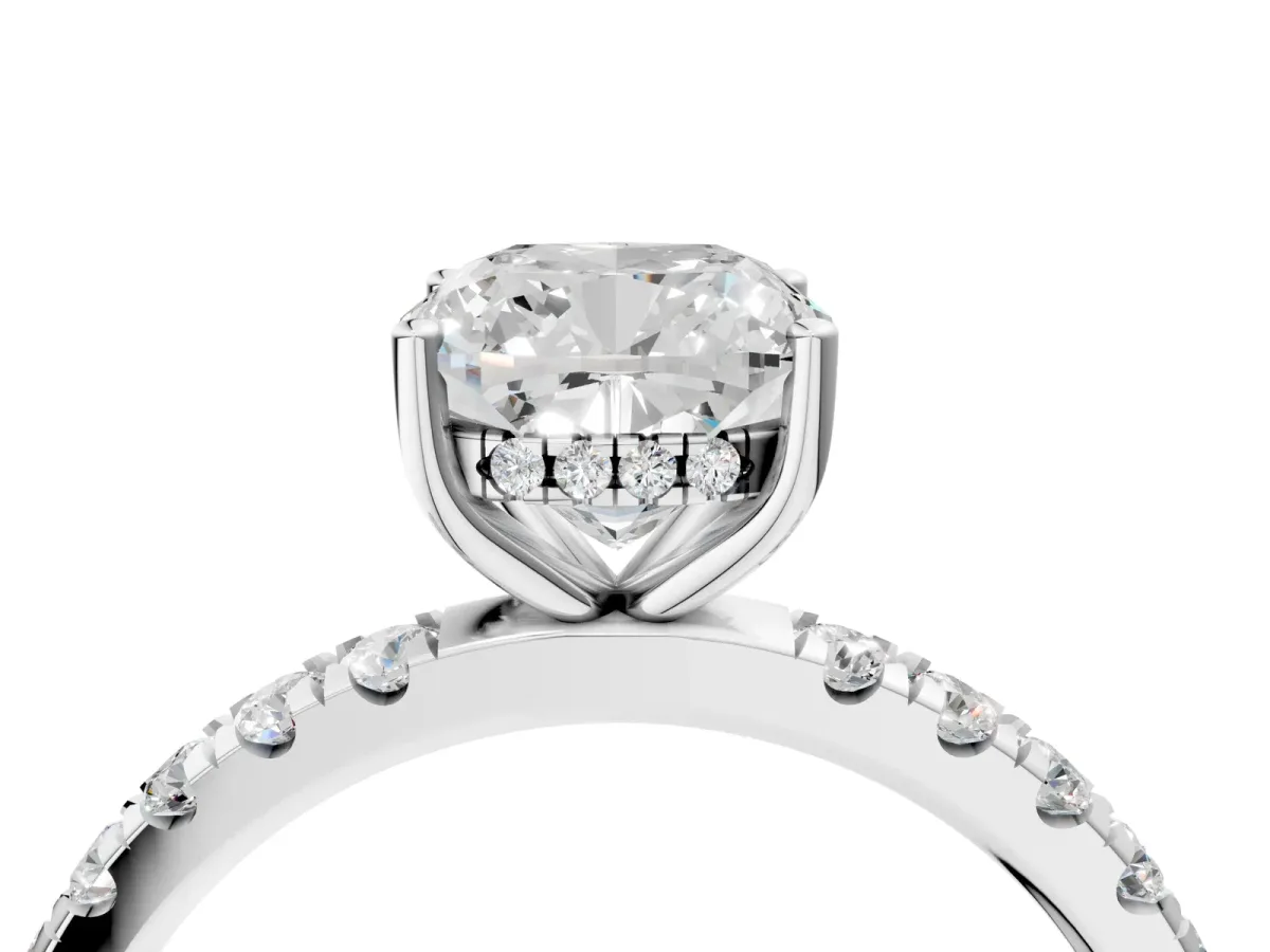 Cushion Cut Diamond Pave Band Solitaire Ring with Round Moissanite and Prong Setting Silver