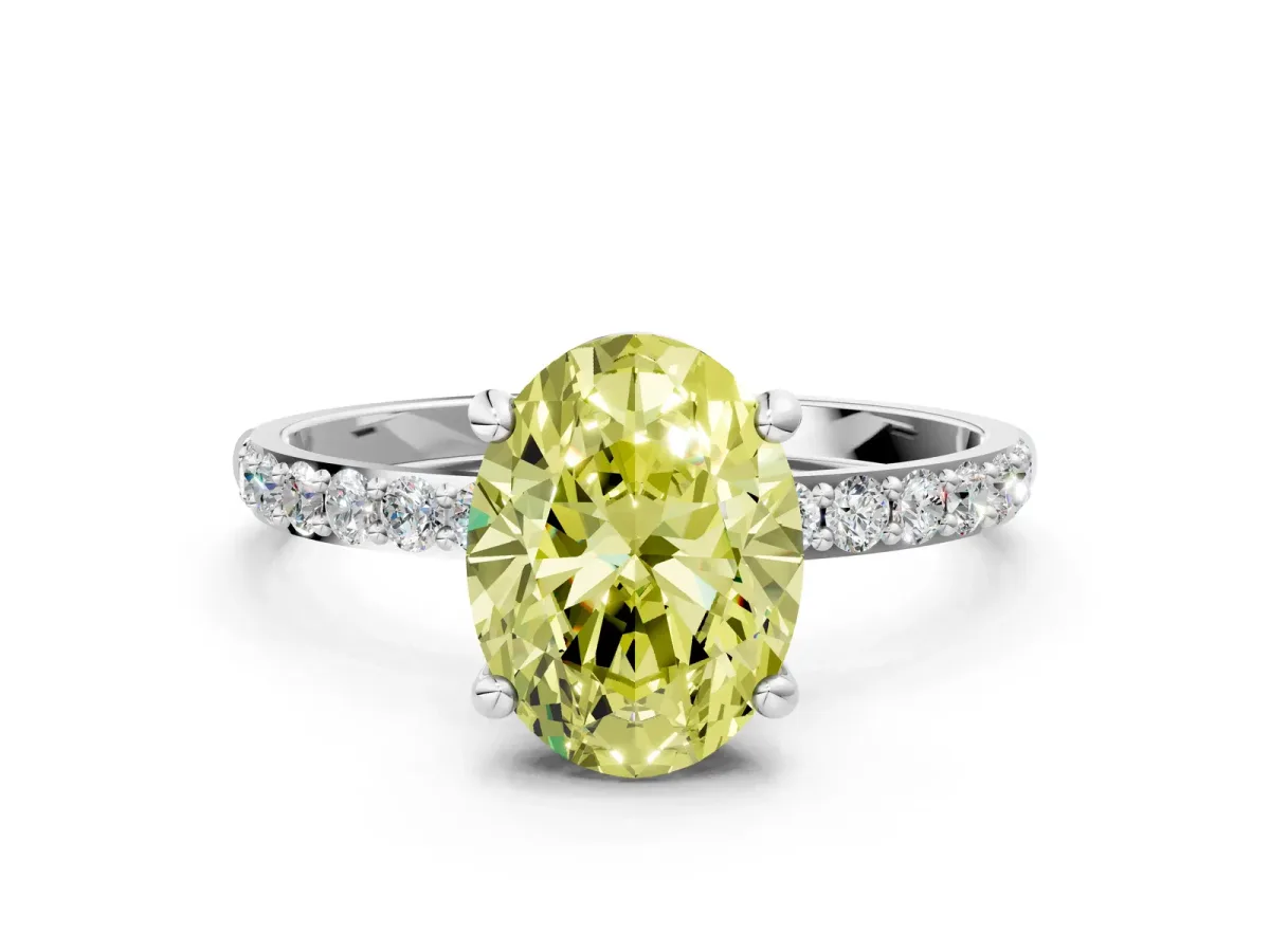 Fancy Yellow Oval Cut Diamond Solitaire Ring with Round Pavé Band and Prong Setting Silver