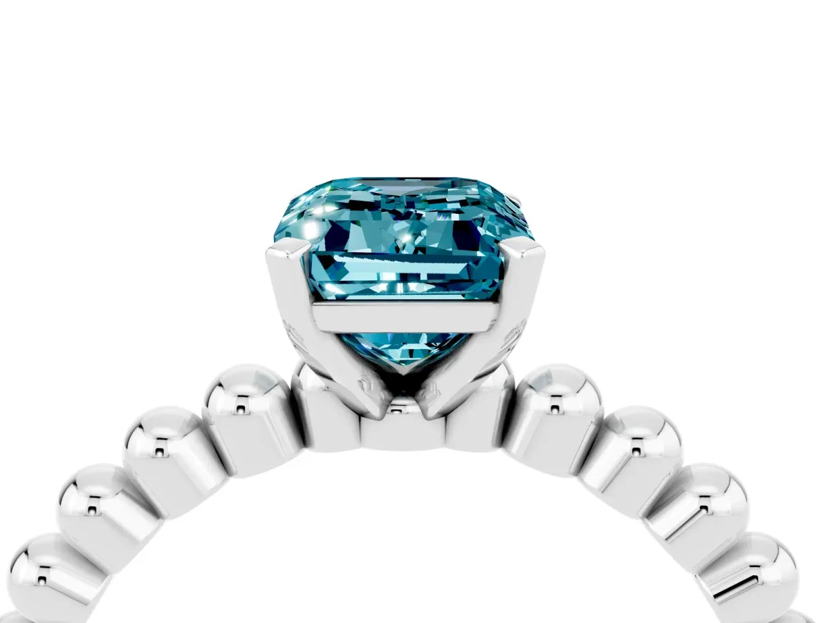 Emerald Cut Blue Topaz Solitaire Ring with Beaded Band and Prong Setting Platinum