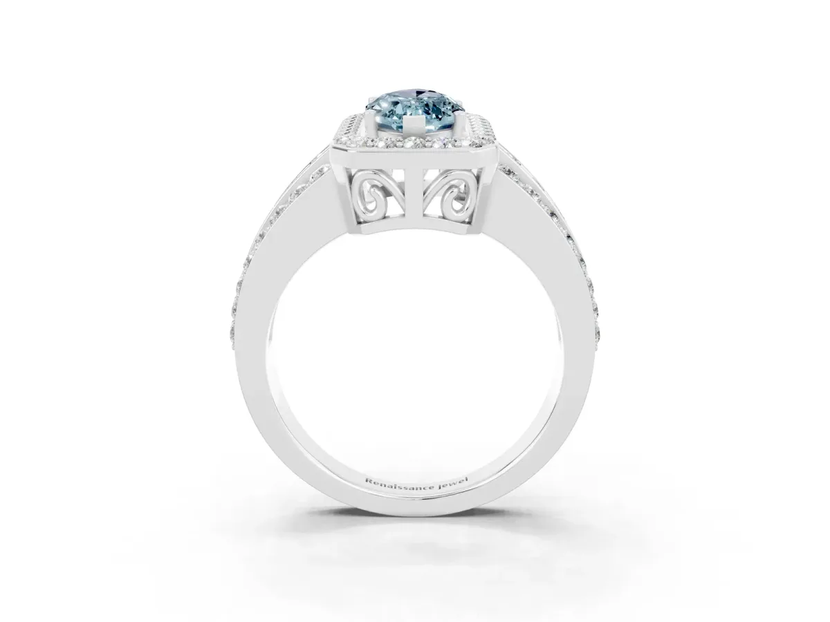 Marquise Cut Halo Aquamarine Ring with Round Split Shank and Prong Setting Silver