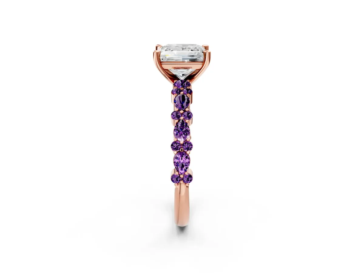 Princess Cut Diamond Side Stone Solitaire Ring with Round Amethyst and Four-Prong Setting Rose gold
