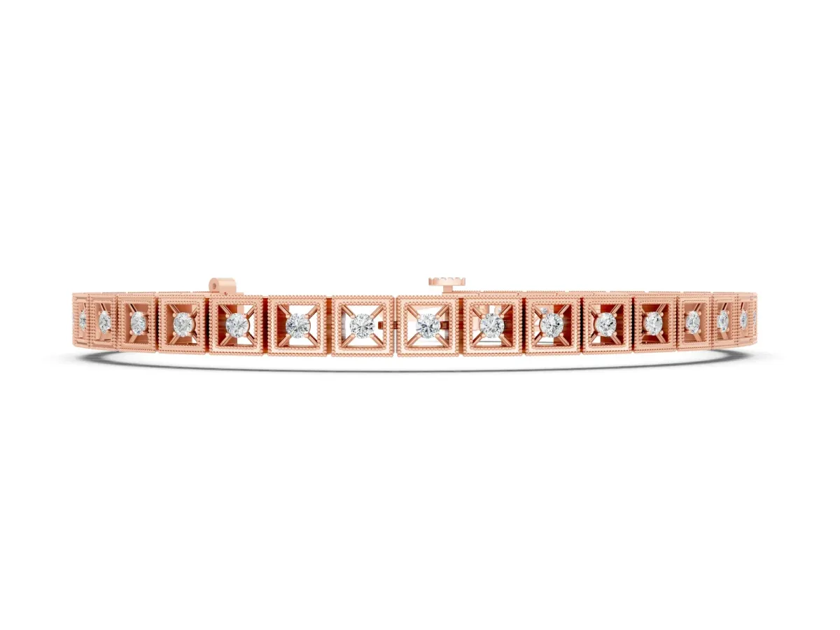 Milgrain Square Link Bracelet with Round Cut Diamonds in Bezel Setting Rose gold