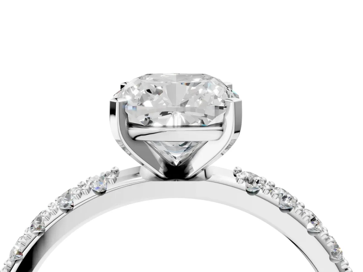Cushion Cut Diamond Solitaire Pavé Band with Four-Prong Setting Platinum