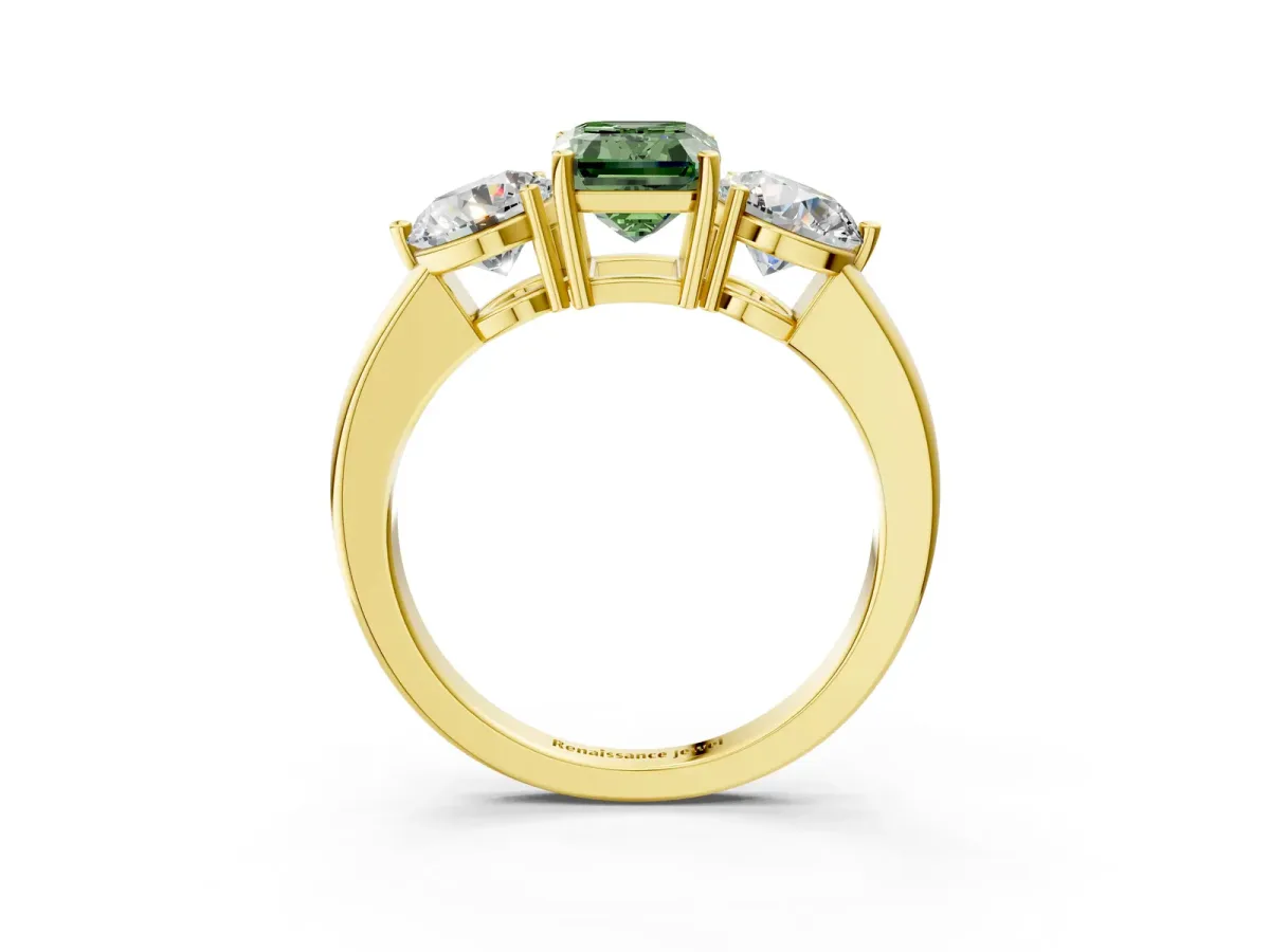 Fancy Green Emerald Cut Diamond Three-Stone Ring with Prong Setting and Classic Band Yellow gold