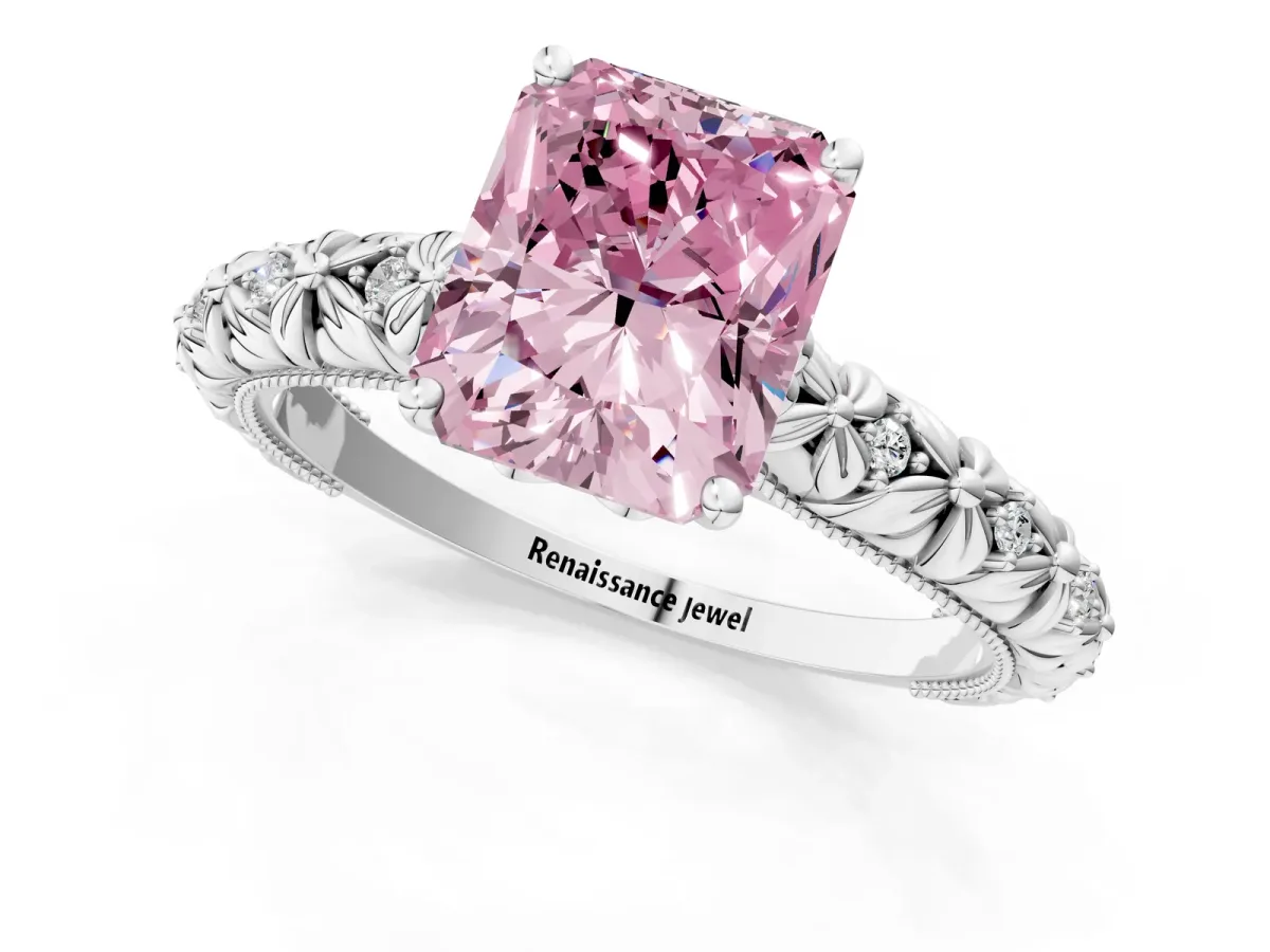 Fancy Pink Radiant Cut Solitaire Floral Milgrain Engagement Ring Platinum