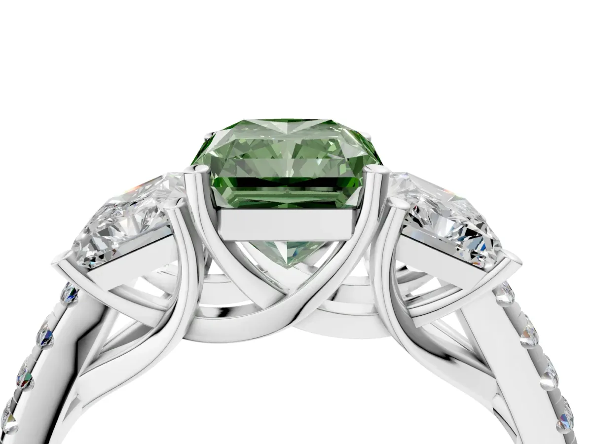 Fancy Green Three-Stone Radiant Cut Diamond Ring with Round Pavé Band and Prong Setting Silver