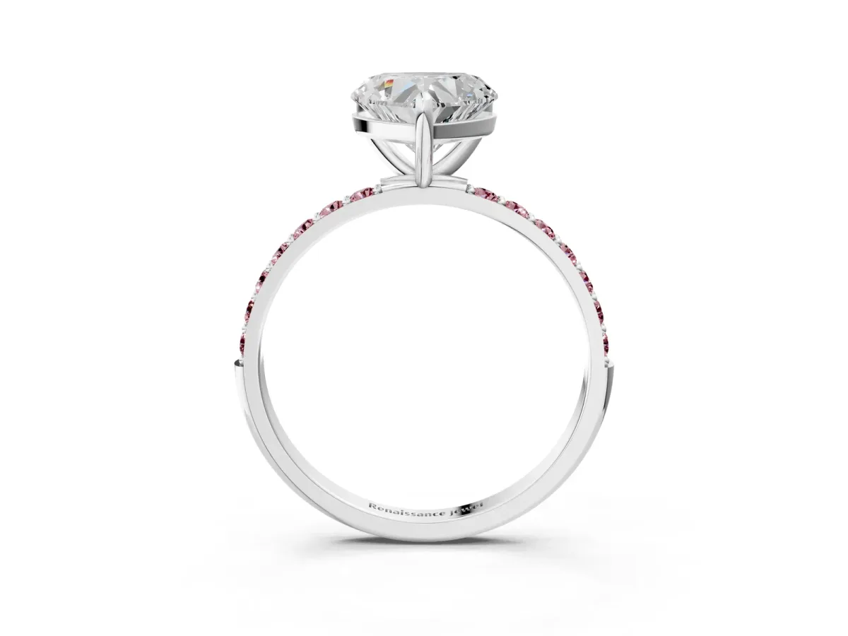 Heart Cut Diamond Solitaire Ring with Round Morganite Pavé Band and Prong Setting Silver