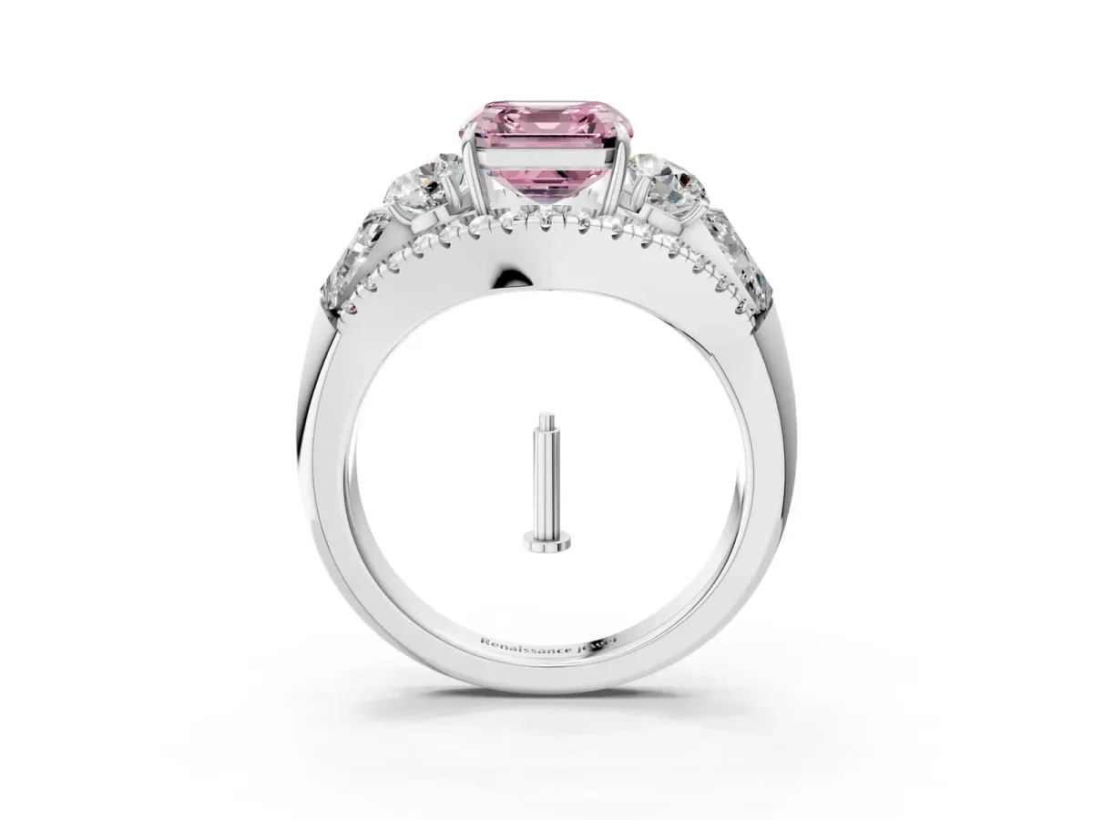 Fancy Pink Three-Stone Asscher Cut Diamond Engagement Ring with Pave Band and Prong Setting Platinum