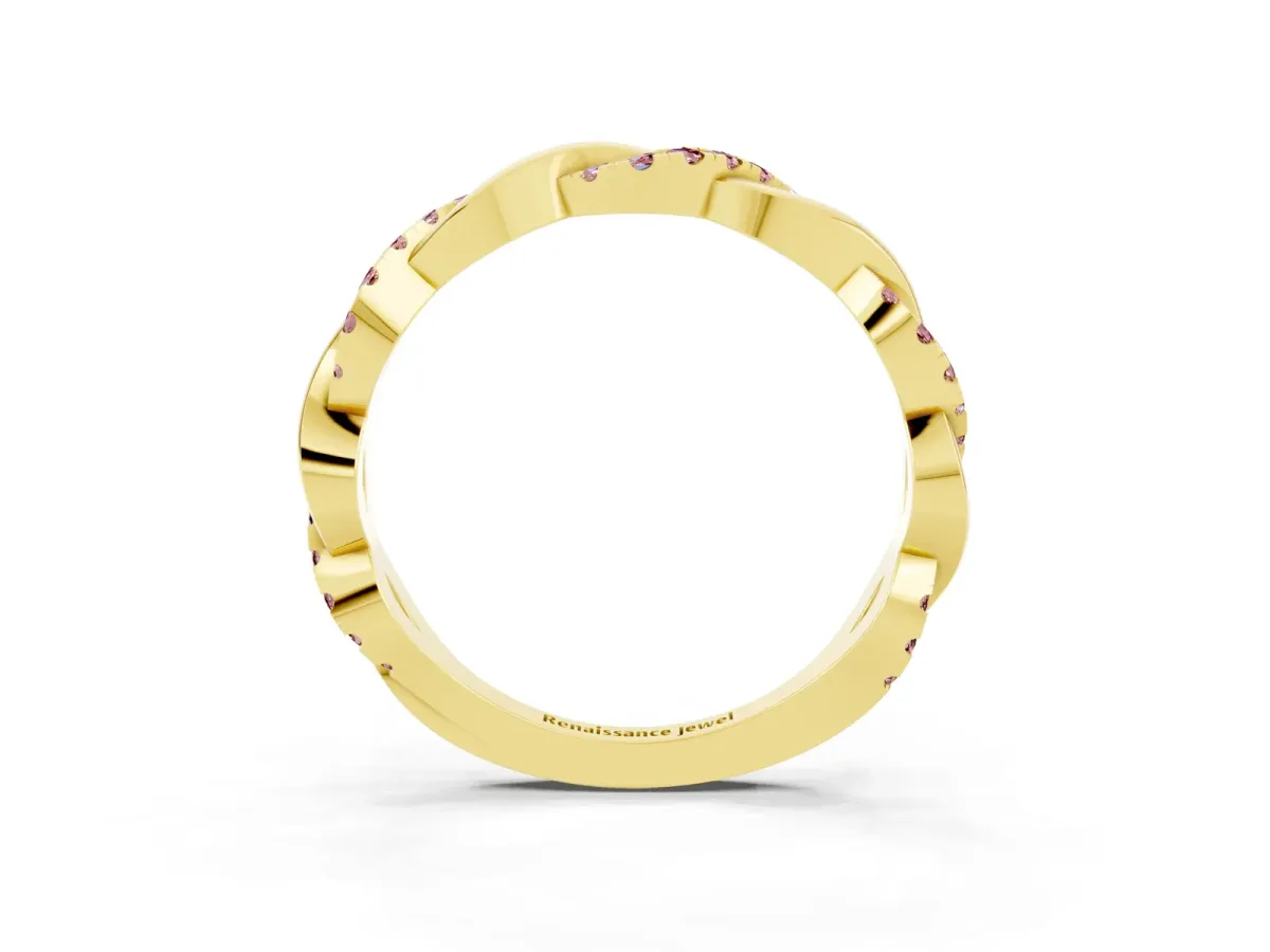 Round Morganite Twist Eternity Band with Pavé Setting Yellow gold