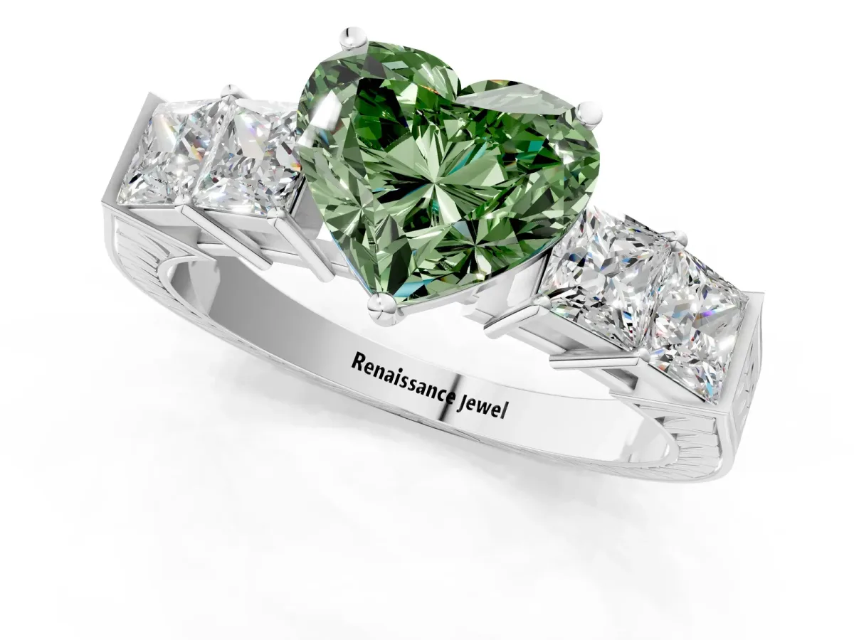 Fancy Green Heart Cut Solitaire Princess Side Stone Engraved Band Prong Setting Ring Platinum