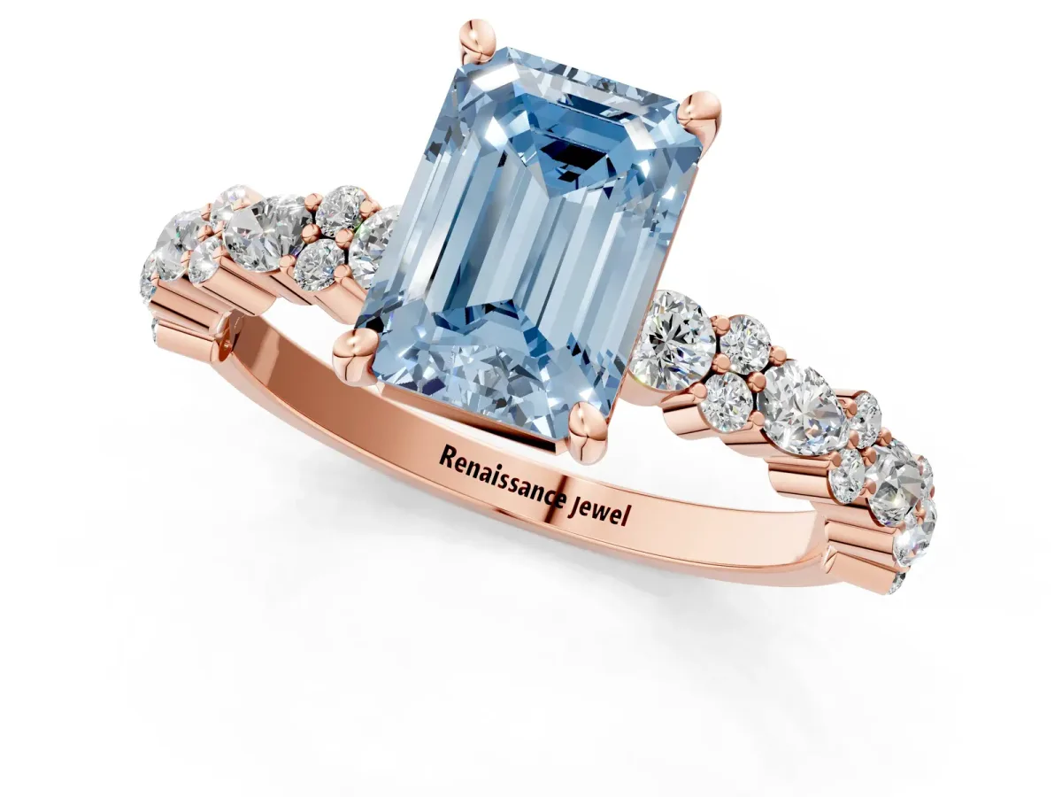 Fancy Blue Emerald Cut Diamond Side Stone Solitaire Ring with Round and Four-Prong Setting Rose gold