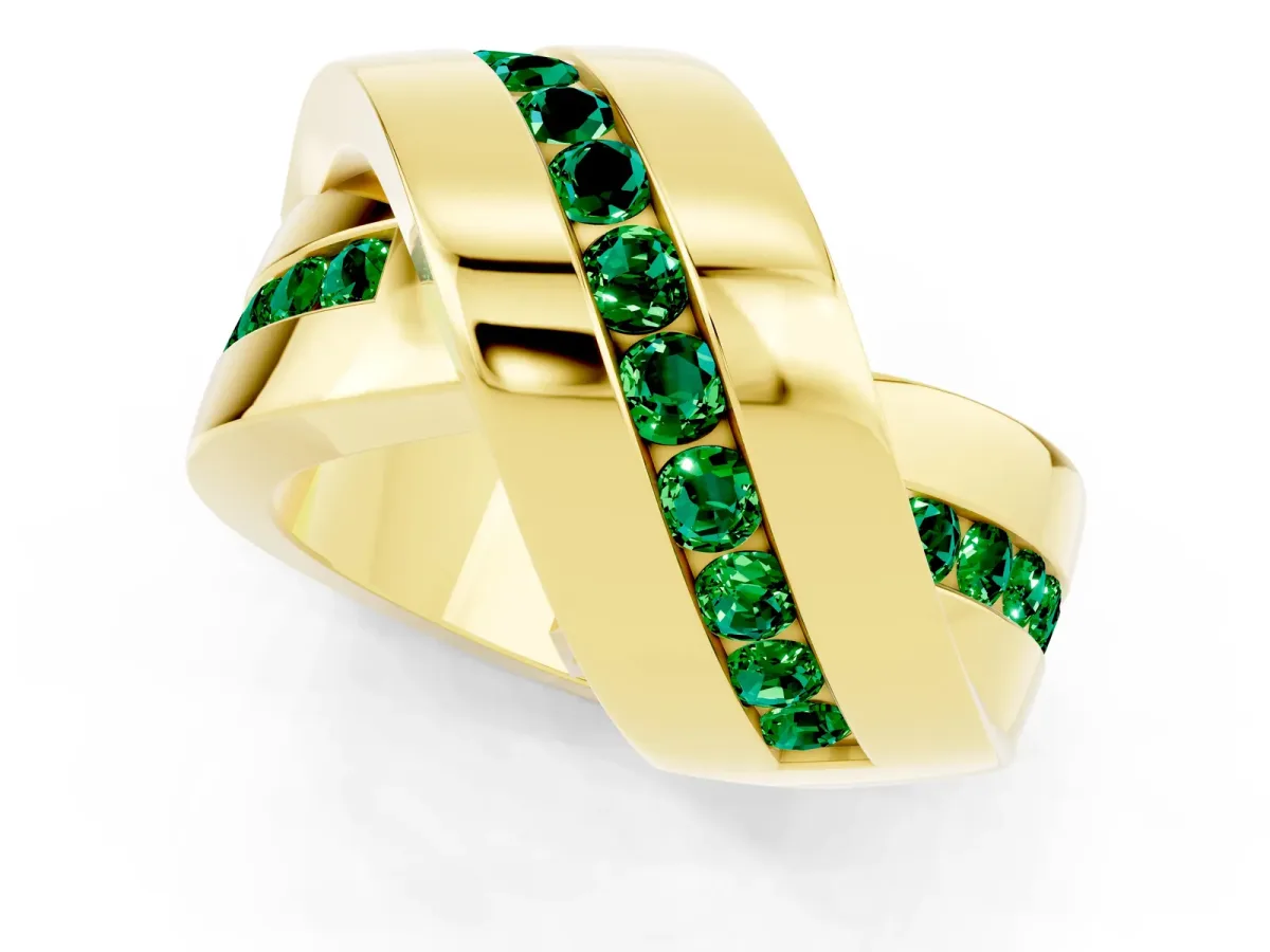 Pavé Round Emerald Crossover Band with Channel Setting Yellow gold