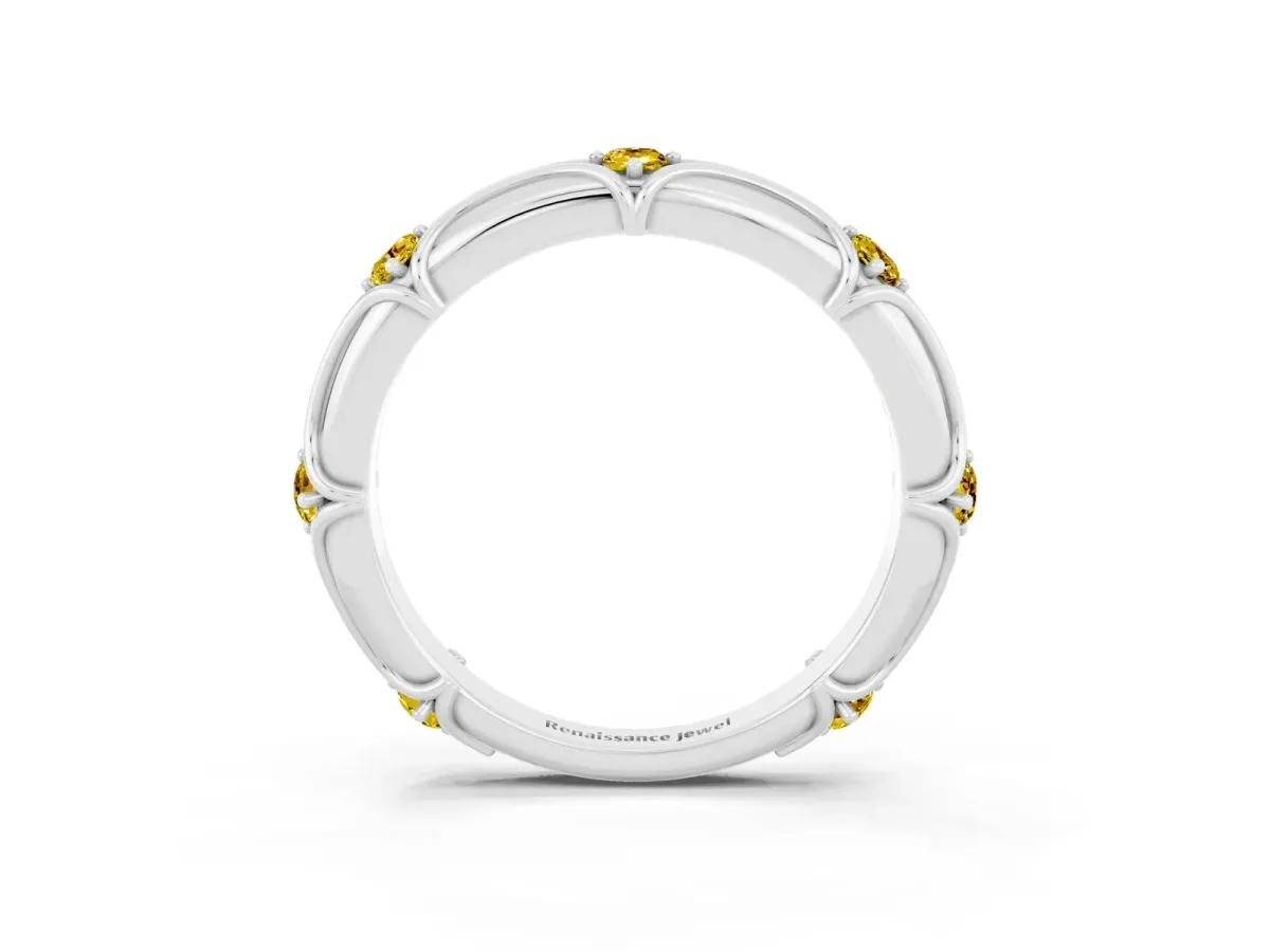 Round Yellow Sapphire Prong Set Milgrain Eternity Band Silver