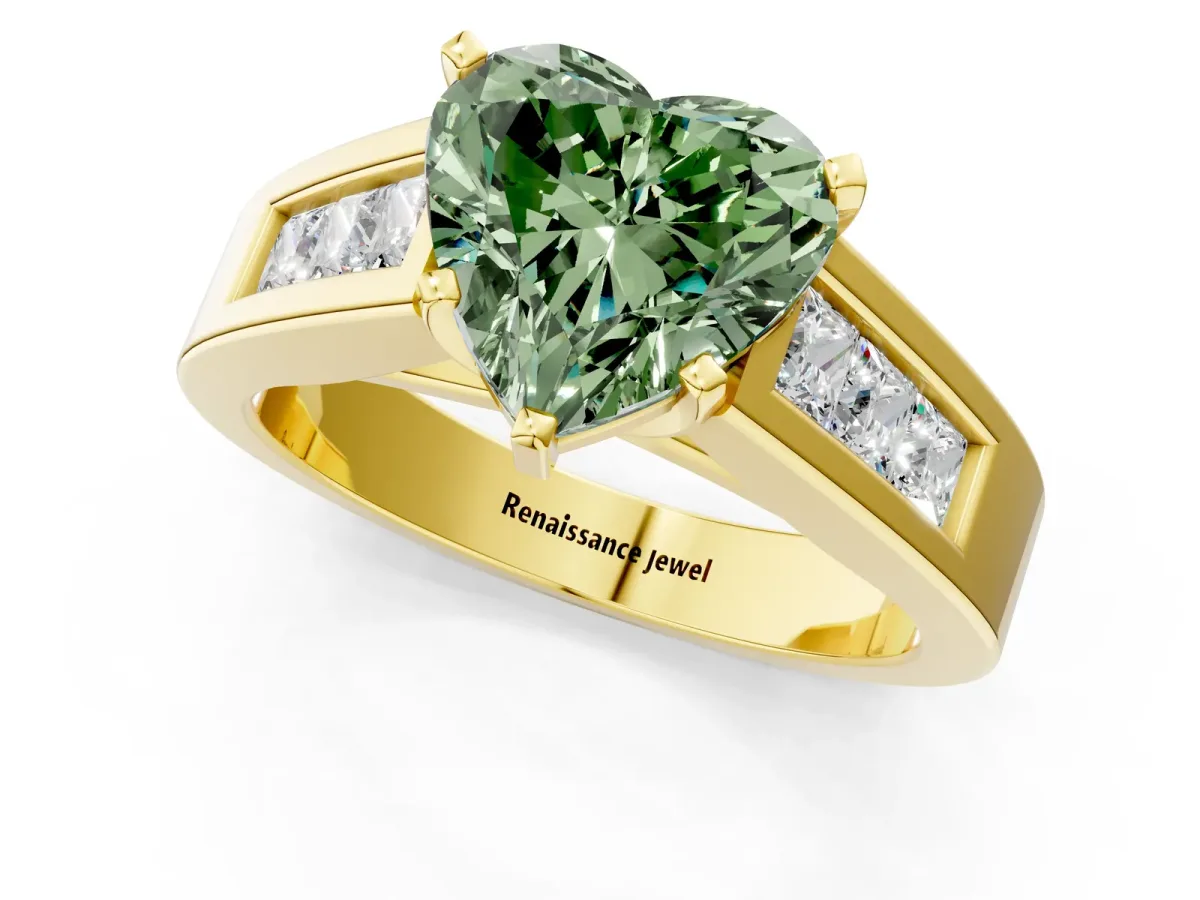 Fancy Green Heart Cut Cut Channel Set Solitaire Ring with Four-Prong Setting Yellow gold