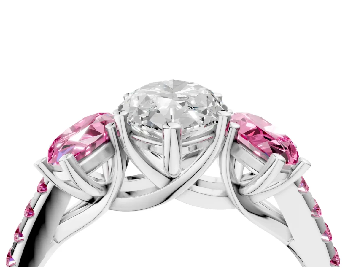 Three-Stone Marquise Cut Diamond Ring with Round Pink Sapphire Pavé Band and Prong Setting Silver