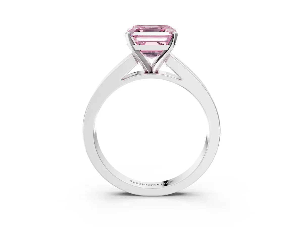 Fancy Pink Asscher Cut Solitaire Diamond Ring with Channel-Set Band and Four-Prong Setting Platinum
