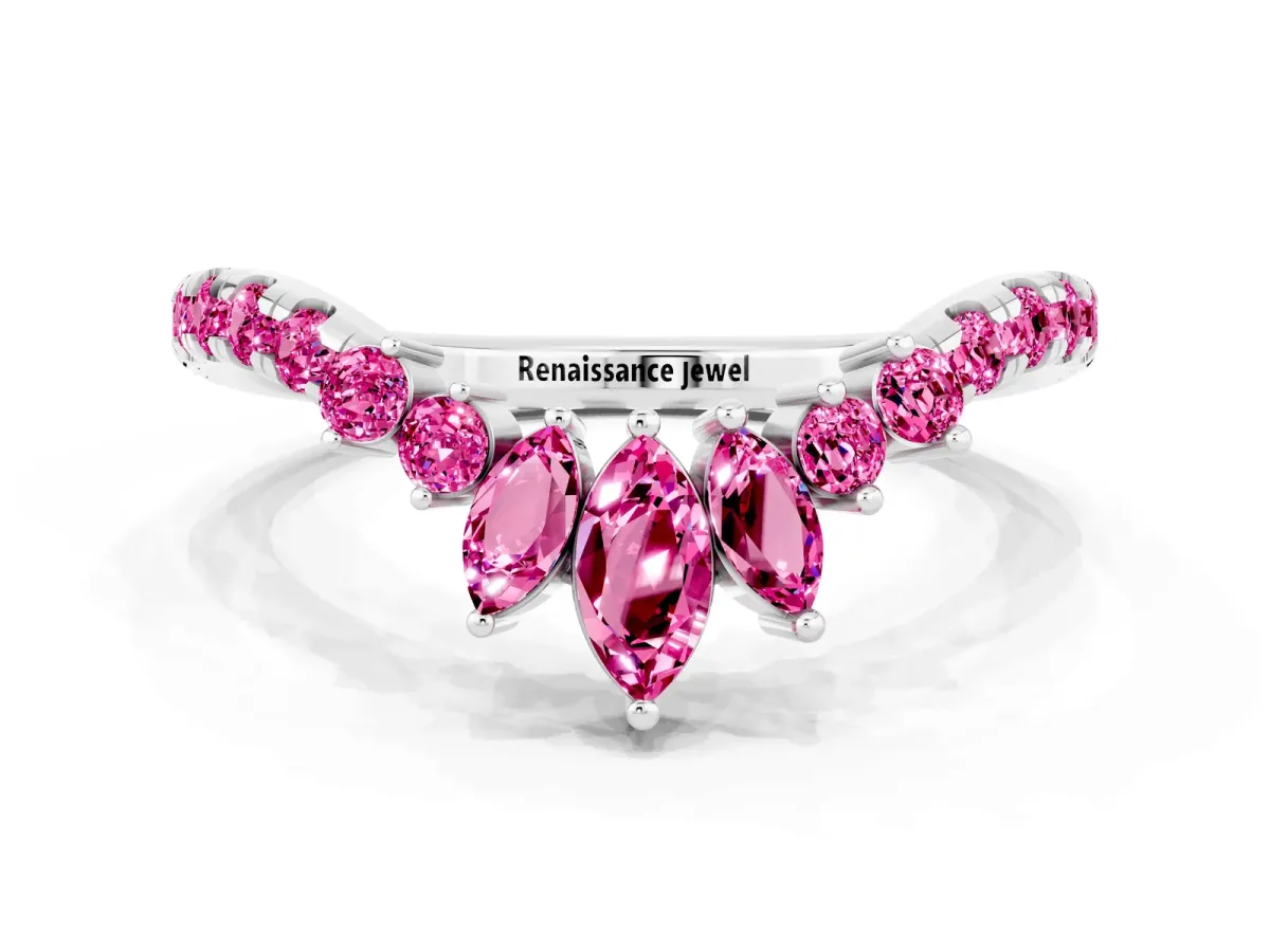 Chevron Marquise and Round Pink Sapphire Open Band with Prong Setting Silver