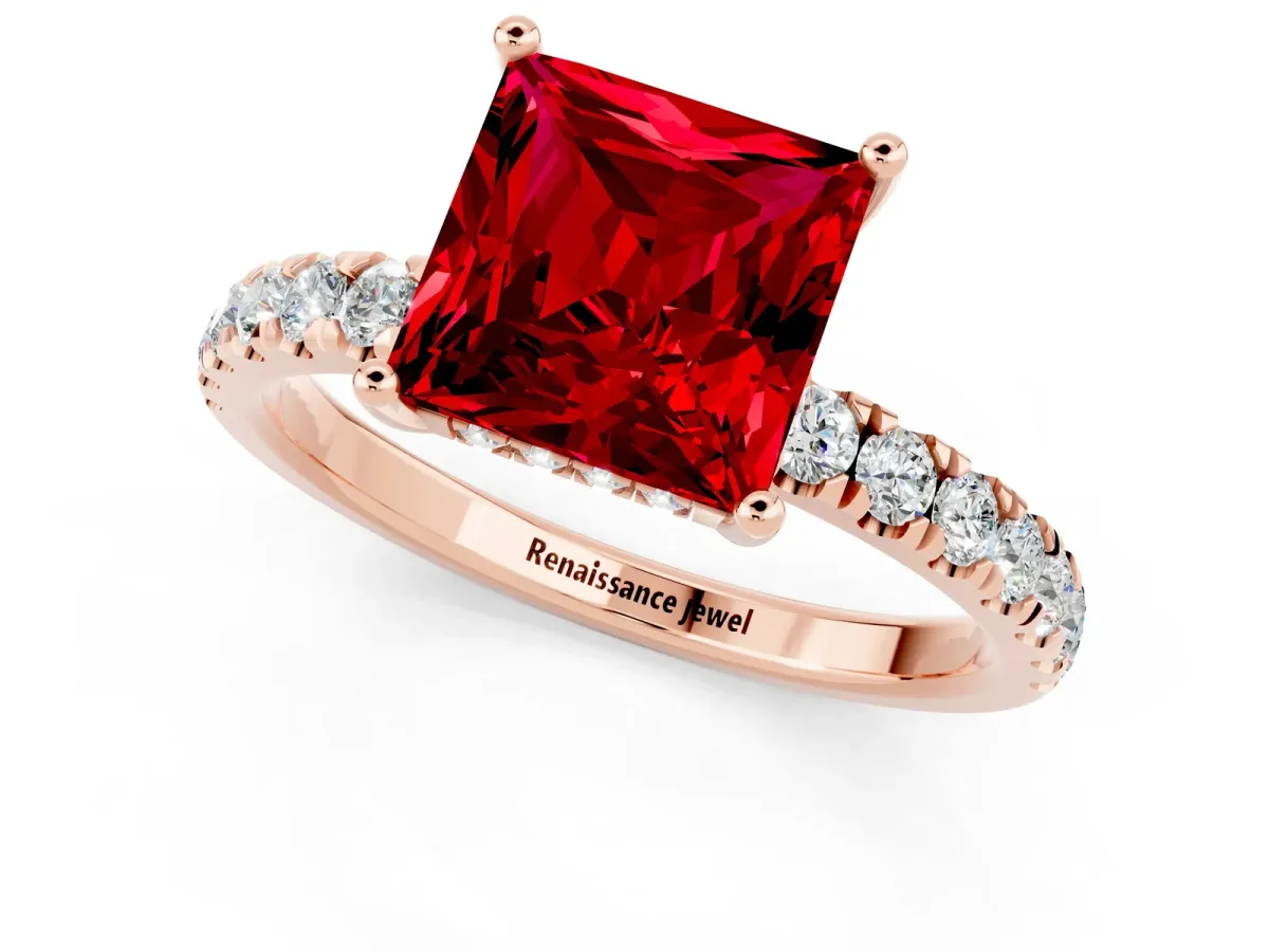 Princess Cut Ruby Pave Band Solitaire Ring with Round and Prong Setting Rose gold