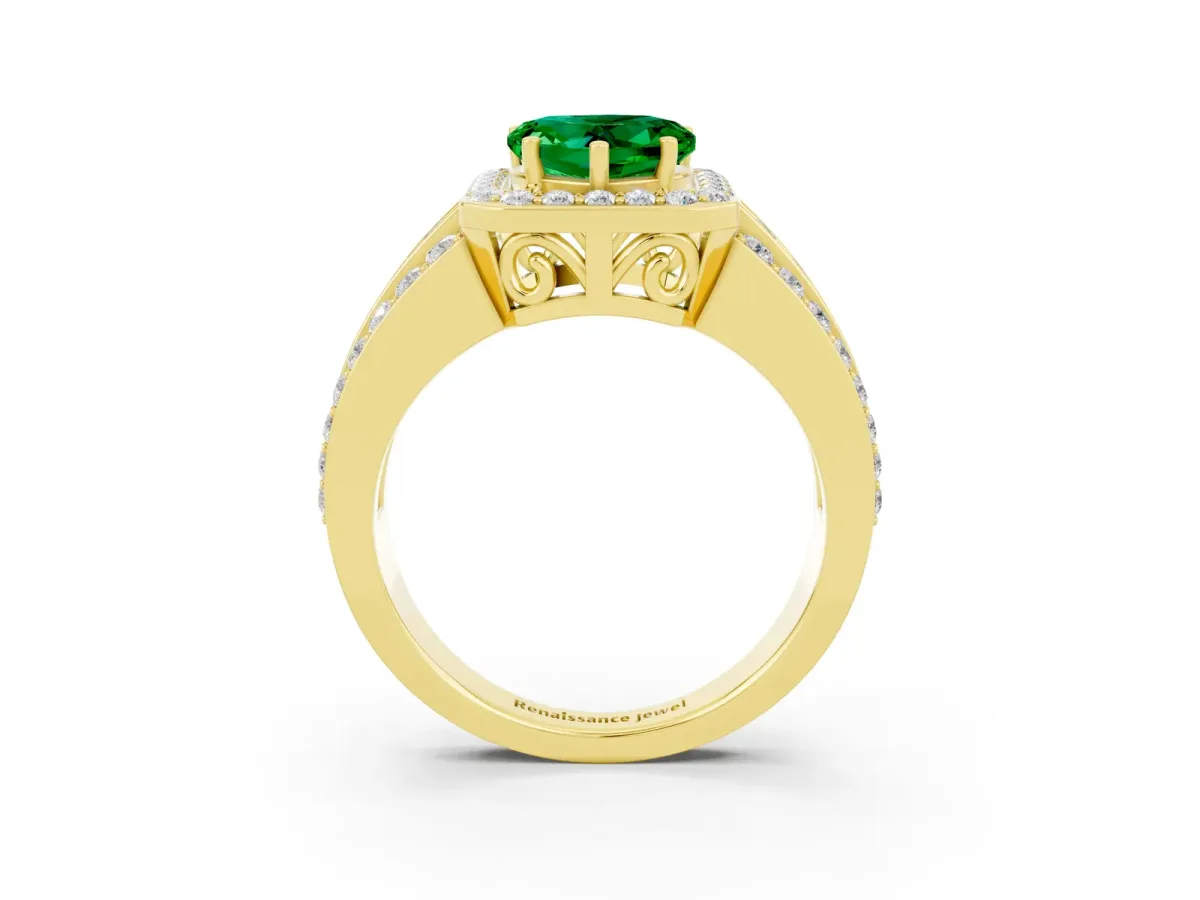 Heart Cut Halo Emerald Ring with Round Split Shank and Prong Setting Yellow gold